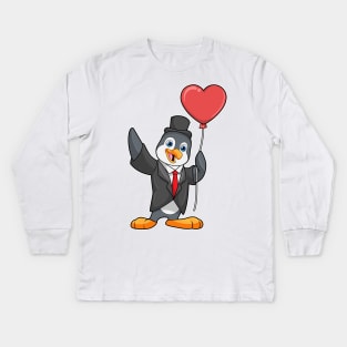 Penguin as Groom with Heart Ballon Kids Long Sleeve T-Shirt